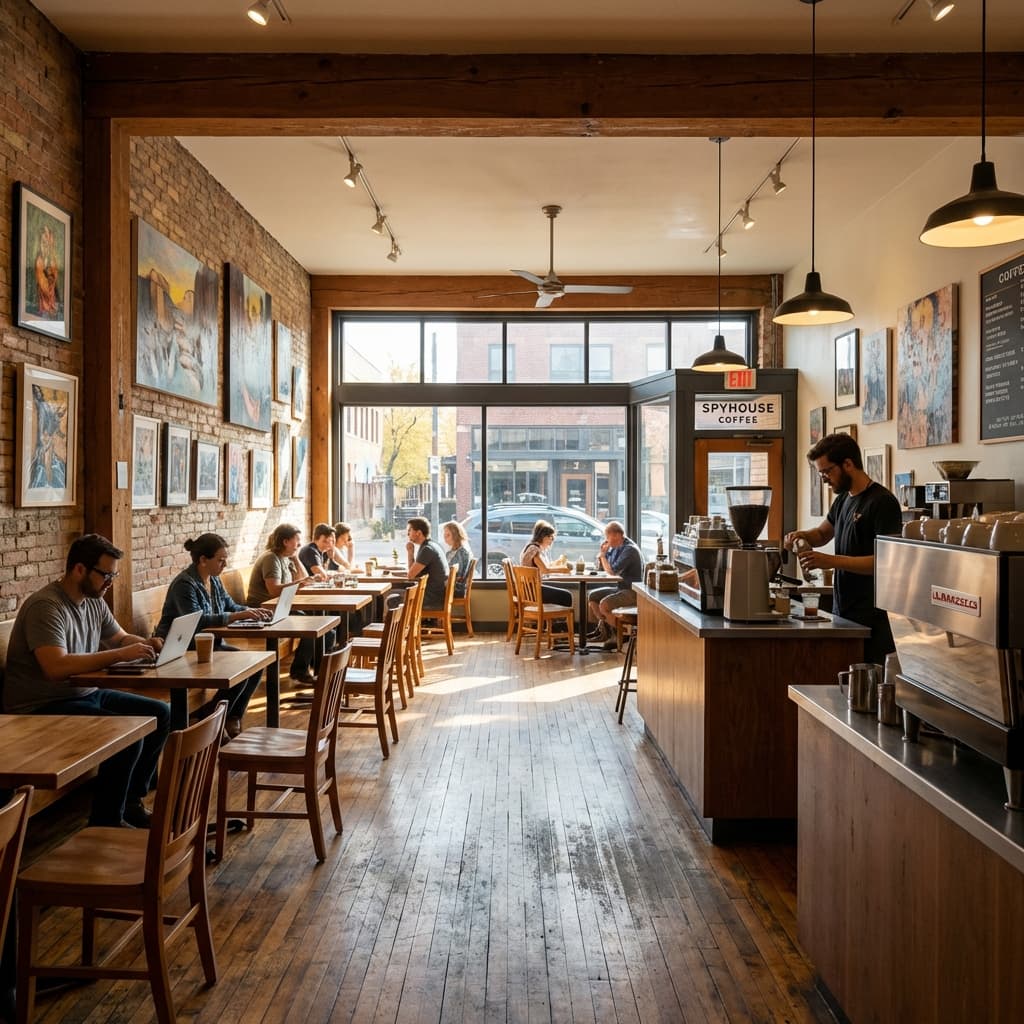 Interior of a cozy, sun-drenched neighborhood coffee shop with warm wood tones and local art on the walls, bustling with neighborhood activity.