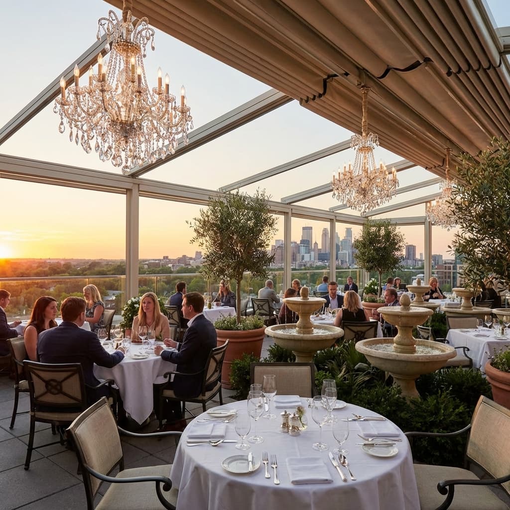 Elegant rooftop restaurant terrace with crystal chandeliers, limestone fountains, olive trees, and white tablecloths overlooking the skyline.