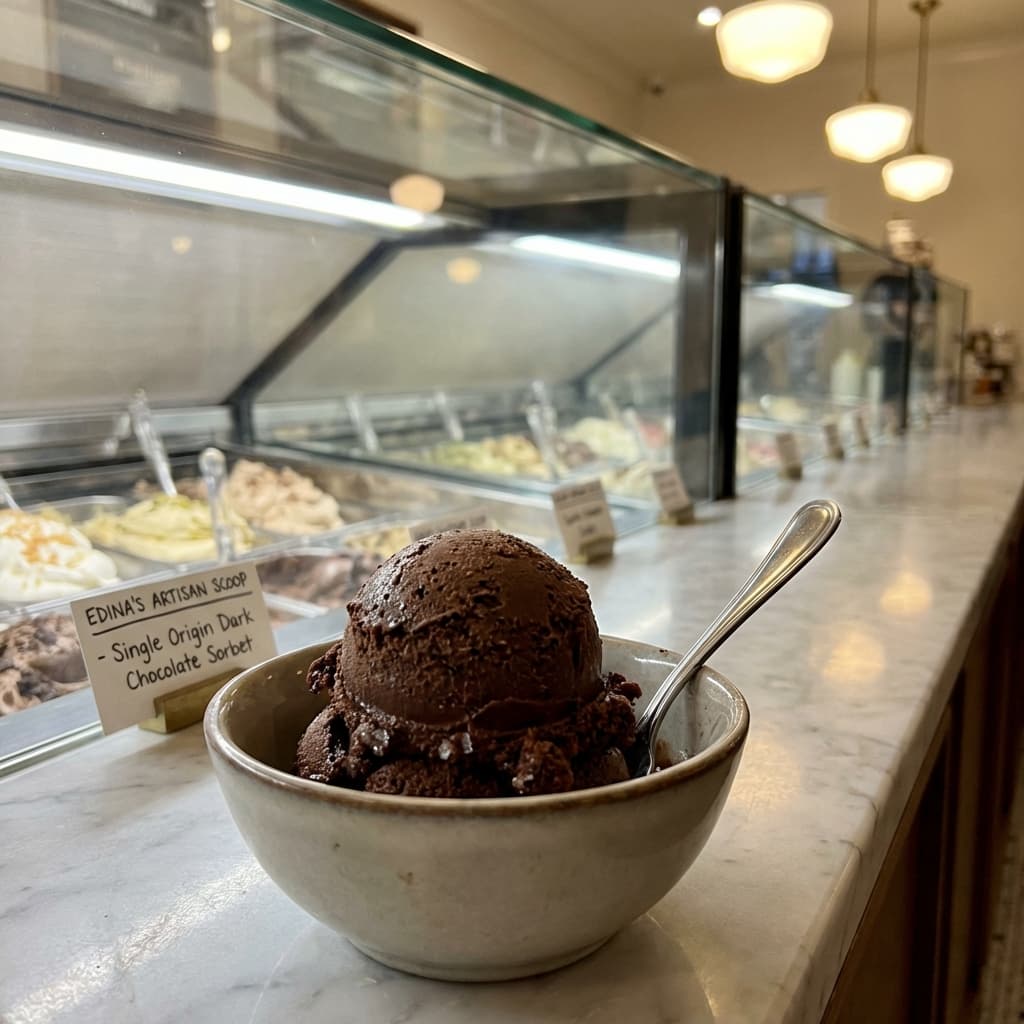 Close-up of a gourmet dark chocolate sorbet scoop in a high-end ice cream shop with marble counter background.
