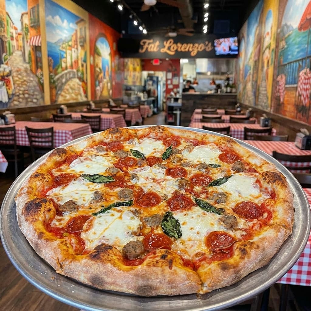 Vibrant New York-style pizza with gooey cheese and classic toppings, served in the colorful, mural-adorned interior of Fat Lorenzo's in South Minneapolis.