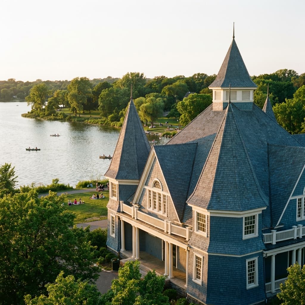 The iconic castle-like Lake Harriet Bandshell at golden hour with sailboats on the blue lake in the background.