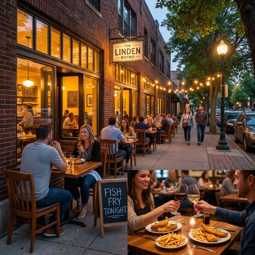 Cozy exterior of Tilia bistro at twilight with warm yellow lighting spilling onto the sidewalk and diners enjoying a meal.