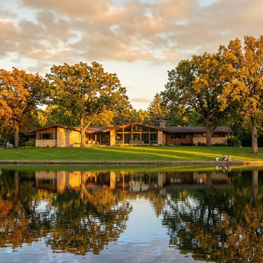 Sprawling mid-century rambler in Diamond Lake with a manicured front lawn and mature trees.