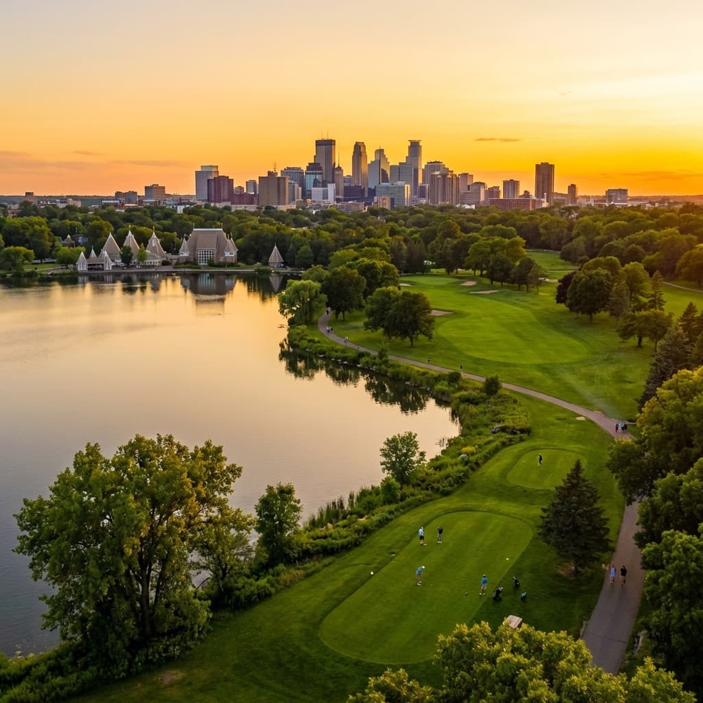 Lake Hiawatha and the adjacent golf course in the Ericsson neighborhood, with the Minneapolis skyline in the distance.