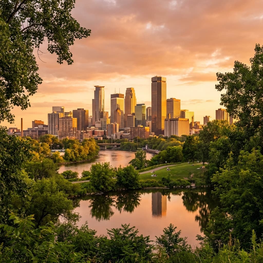 View of the Minneapolis skyline from a hill in the Harrison neighborhood, with green trees in the foreground.