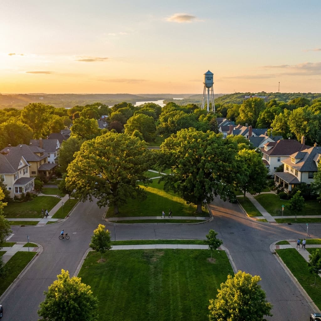 The classic art deco Highland Park water tower rising above the trees in St. Paul.