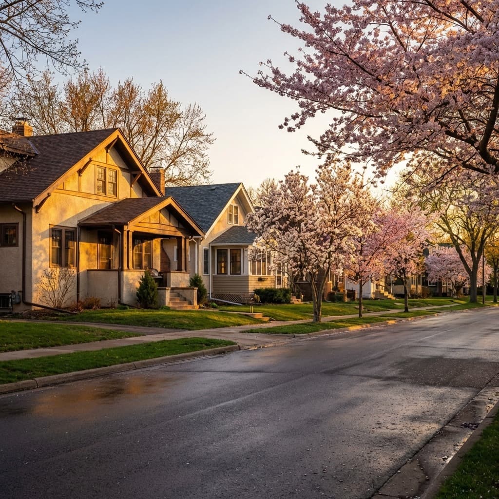 Classic story-and-a-half homes in Keewaydin on a quiet, sunny spring day.