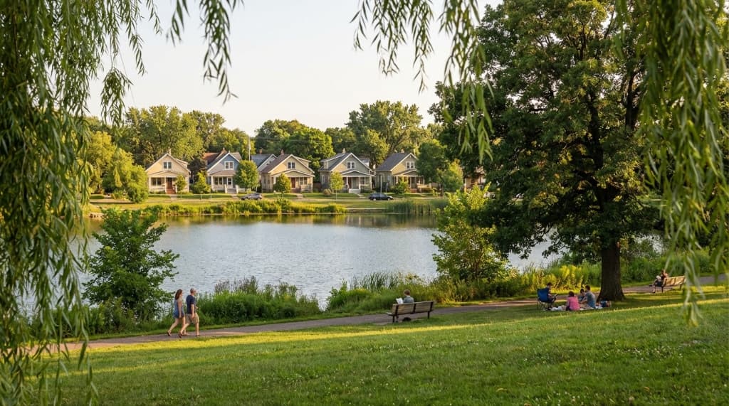 Cinematic shot of Lake Nokomis beach shaded by a majestic willow tree, featuring the walking path and peaceful water during a bright Minneapolis afternoon.