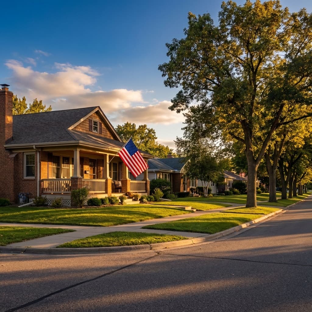 A tidy post-war bungalow in Morris Park with a flag flying, near the VA hospital.