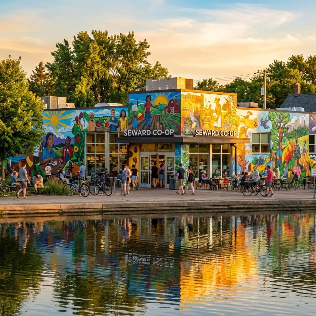 The colorful, mural-covered exterior of the Seward Co-op, a neighborhood landmark.