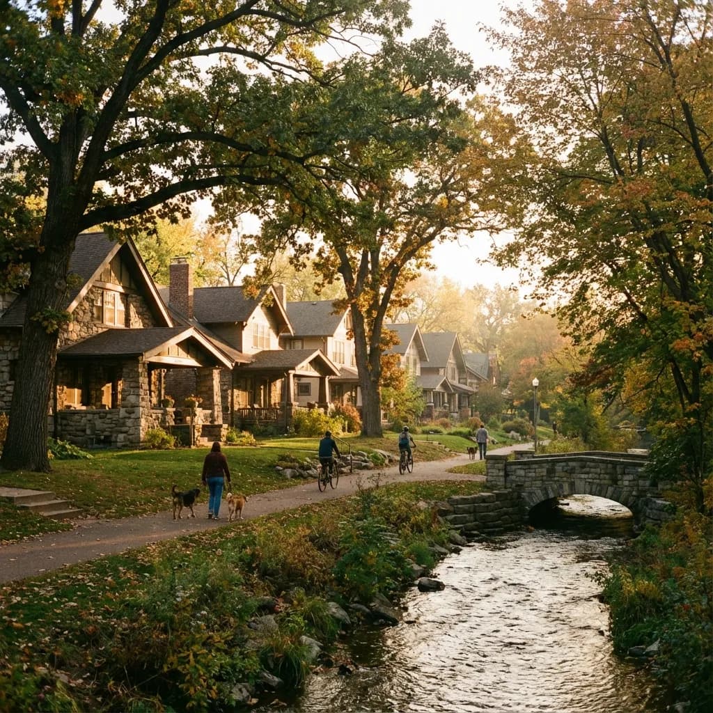 Stunning sunset view of Southwest Minneapolis, featuring a classic 1920s Tudor-style home nestled among mature oak trees near the Minnehaha Creek valley.