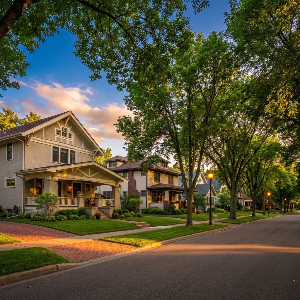 Tree-lined street in Standish with well-maintained stucco craftsman bungalows.