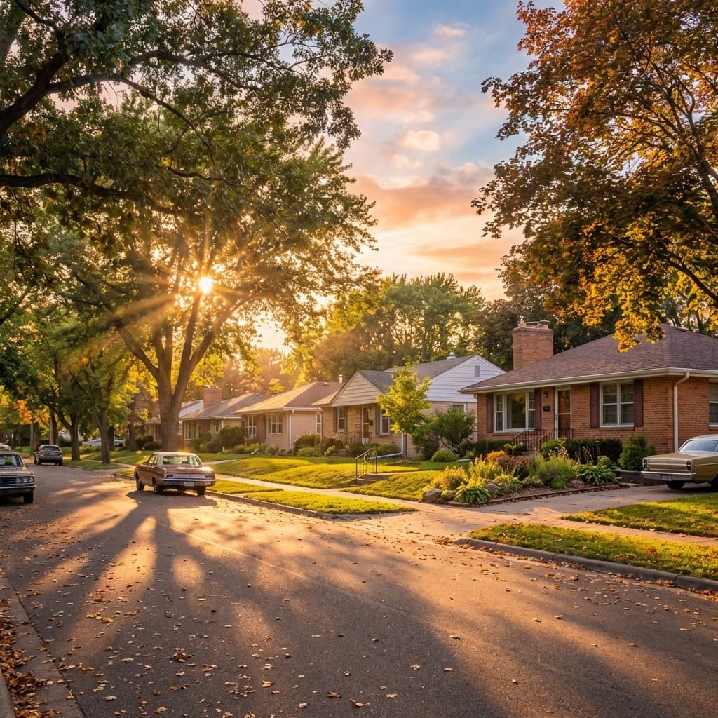 A quiet residential street in Windom showing characteristic post-war housing.