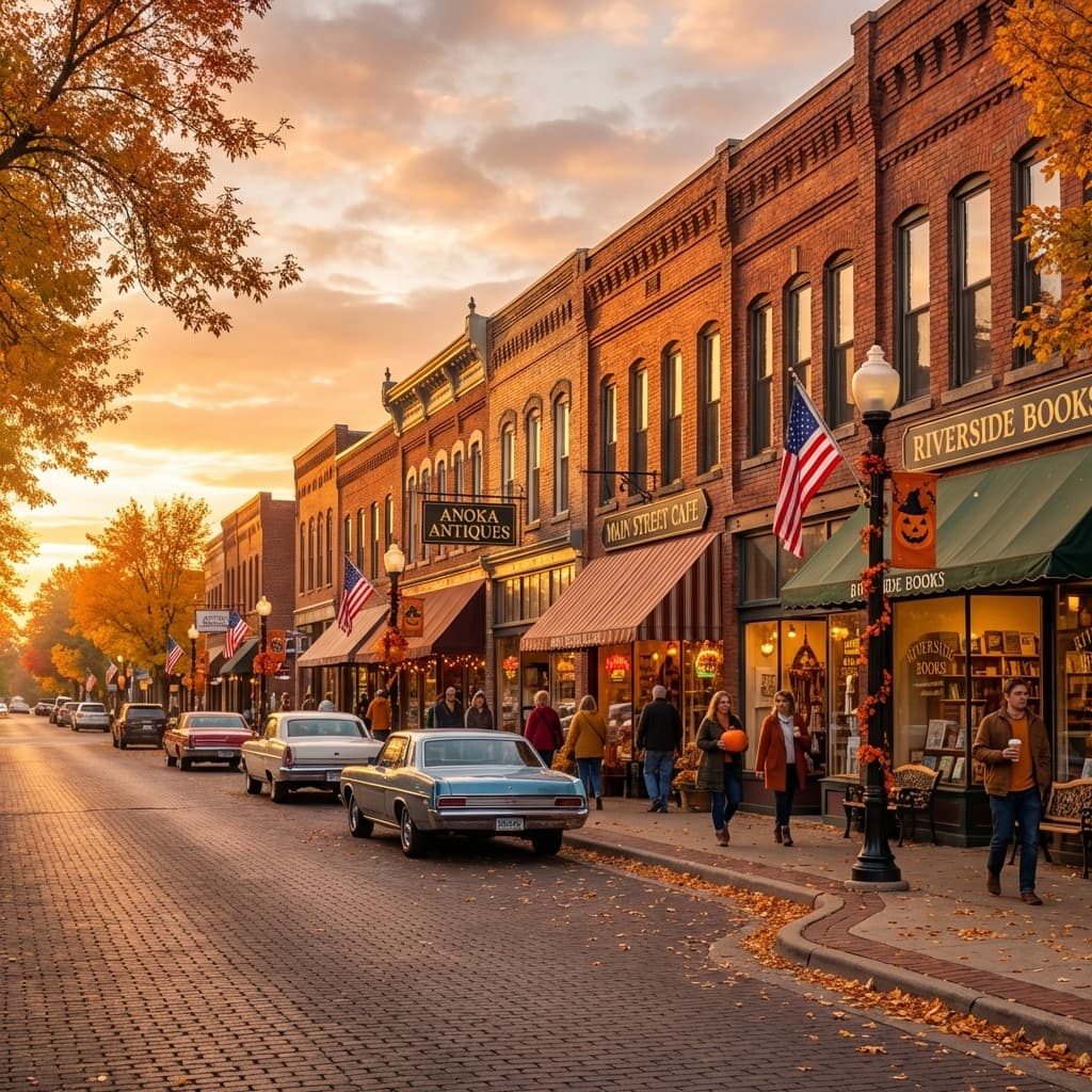 A 1900s village recreated at Dakota City Heritage Village, featuring wooden storefronts and a church.