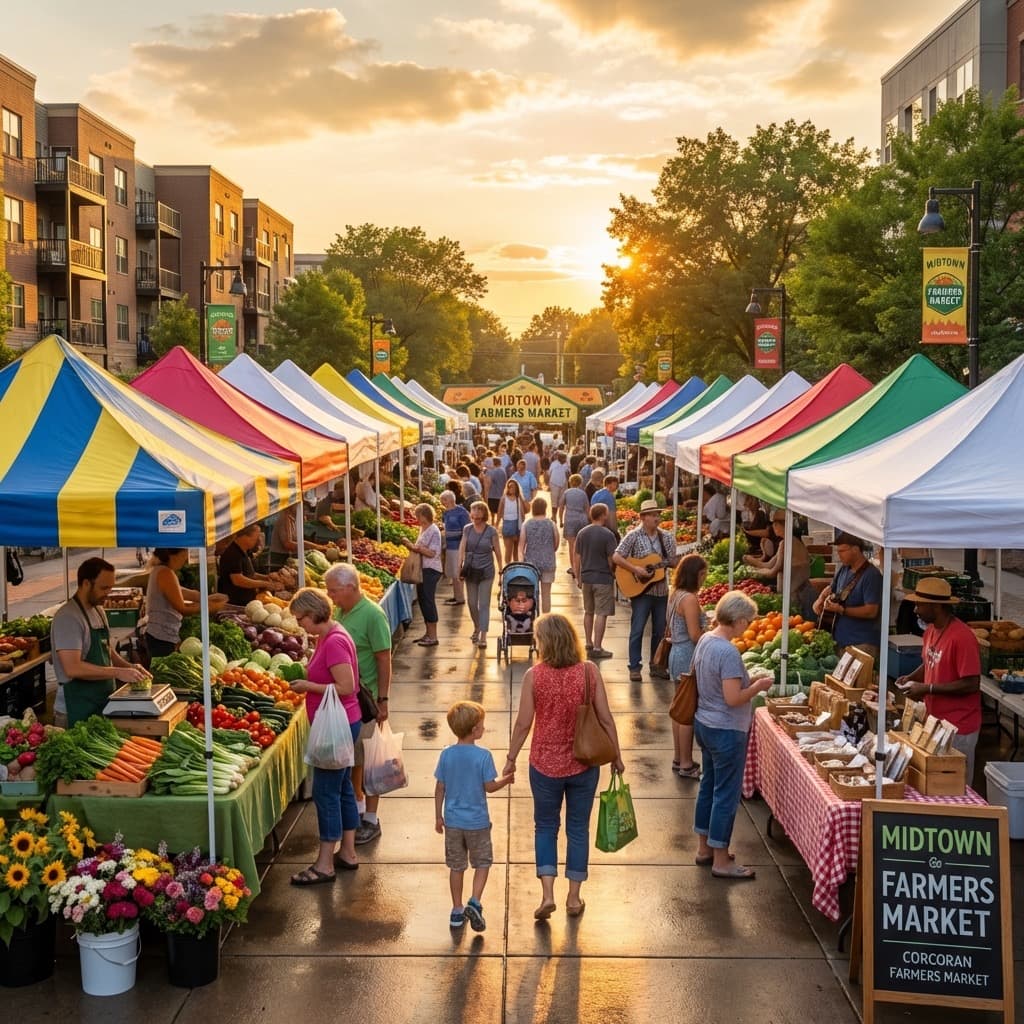 Fresh vegetables and local crafts displayed at the Midtown Farmers Market.