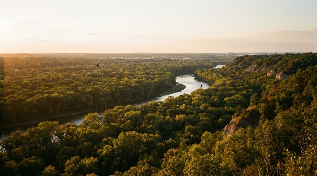 Aerial view of the lush Minnesota Valley National Wildlife Refuge in Bloomington, showing winding river trails and dense forest areas under a clear sky.