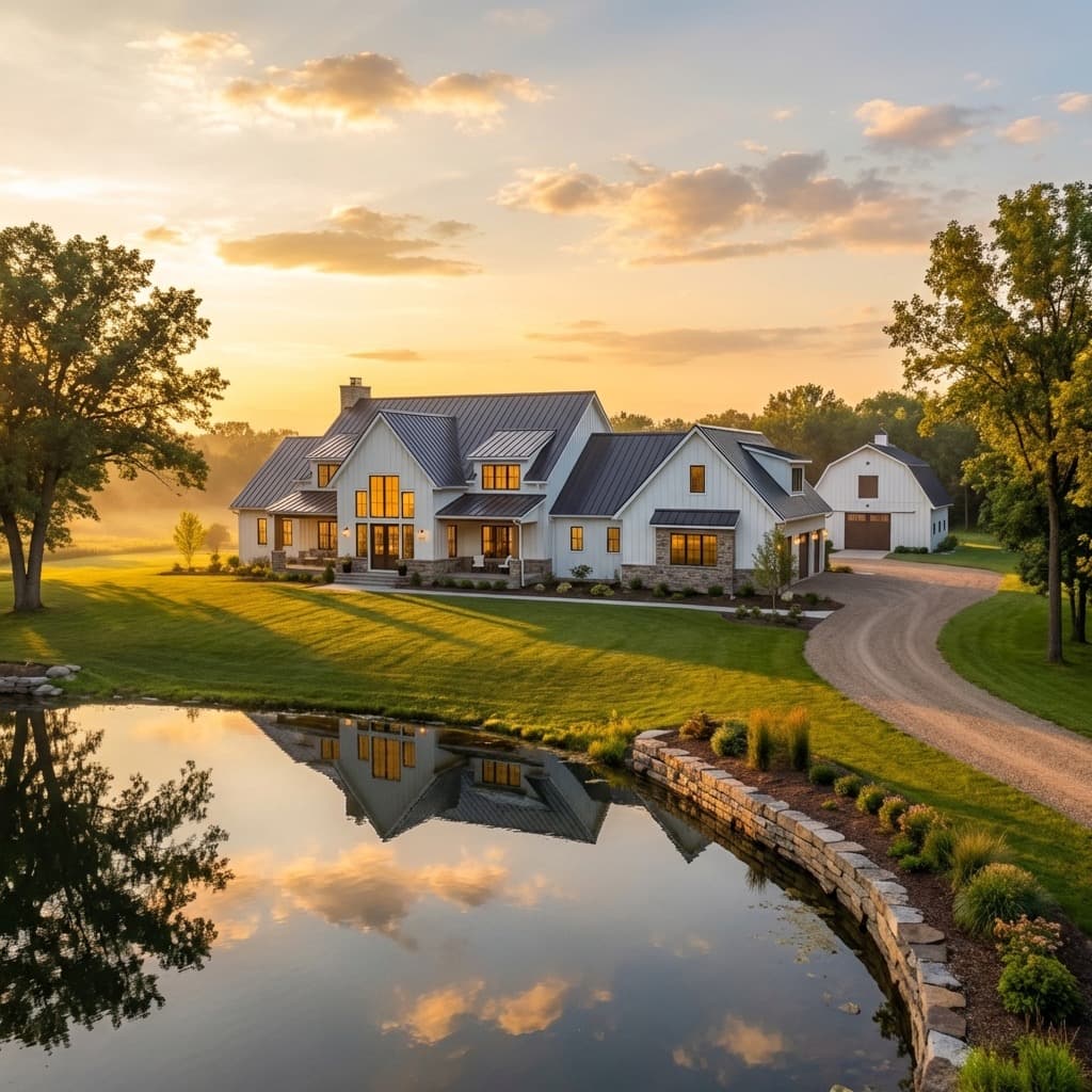 Modern farmhouse estate on a sprawling 5-acre lot in Credit River.