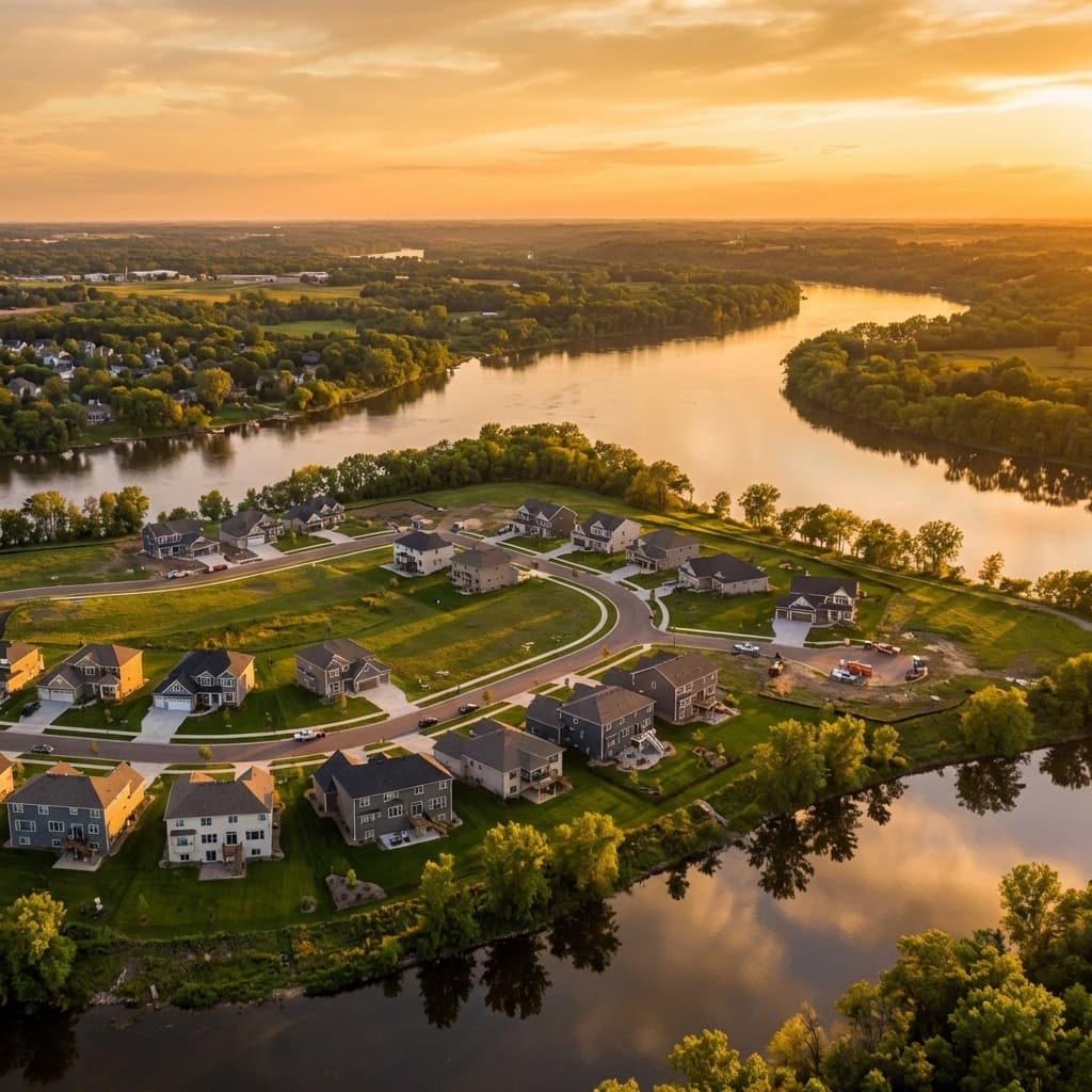 Aerial view of new housing developments in Dayton nestled between the Mississippi and Crow Rivers.