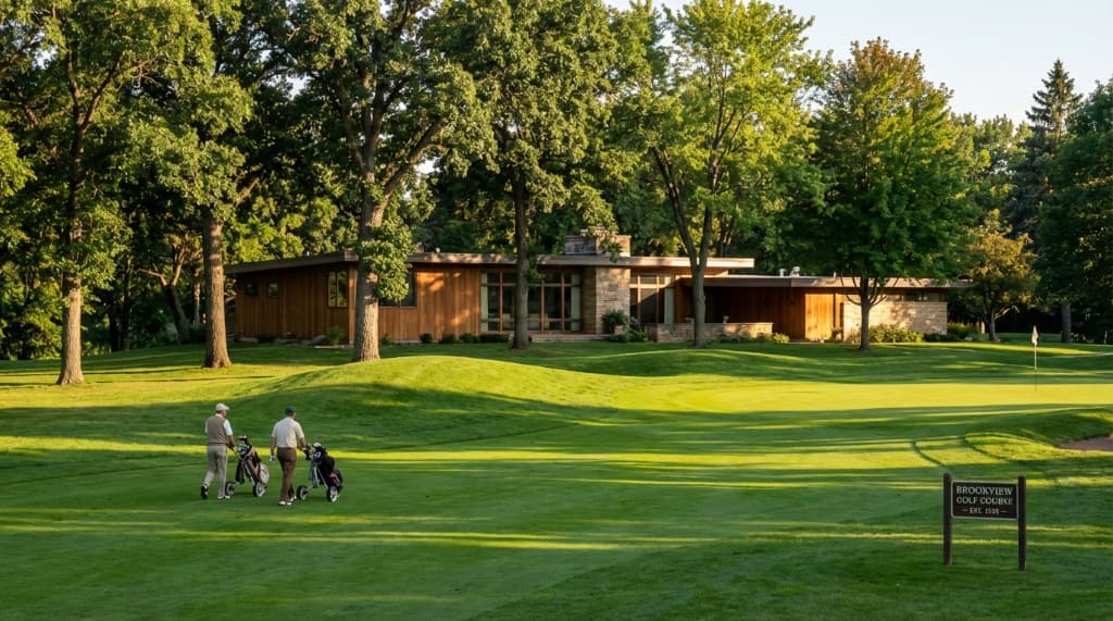 Modernist clubhouse and rolling greens of the Brookview Golf Course in Golden Valley, captured during a bright afternoon with mature trees in the background.