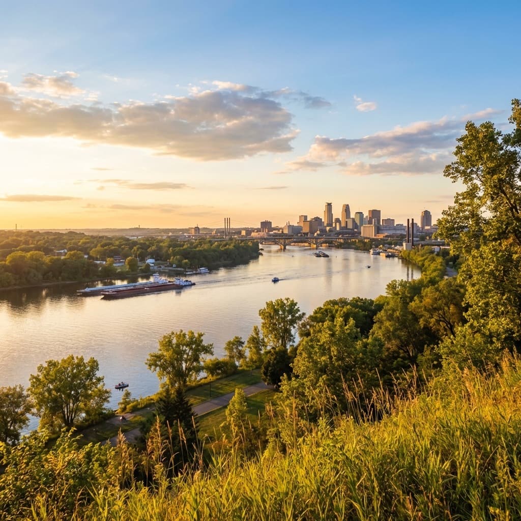 View from the Lilydale bluffs looking out over the Mississippi River towards the St. Paul skyline.