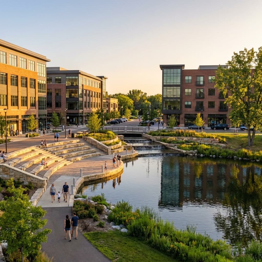 The modern, mixed-use development at The COR in Ramsey, centered around the amphitheater and water features.