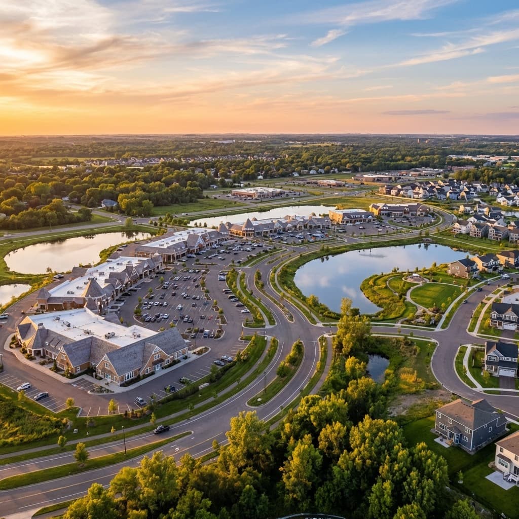 Rogers skyline dominated by the Cabelas store and the I-94 interchange, signifying its role as the Gateway to the North.