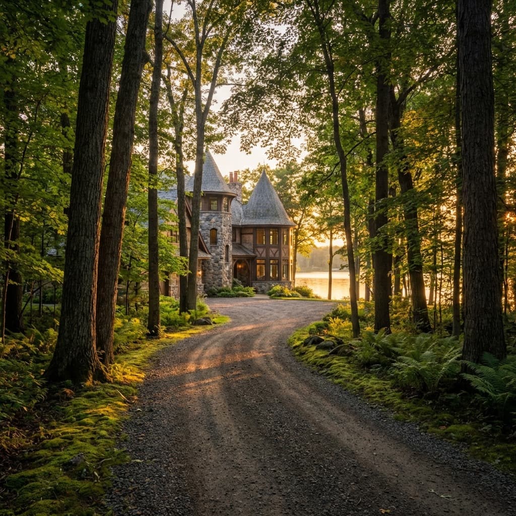 A dense, private forest road leading to a hidden estate in Sunfish Lake.