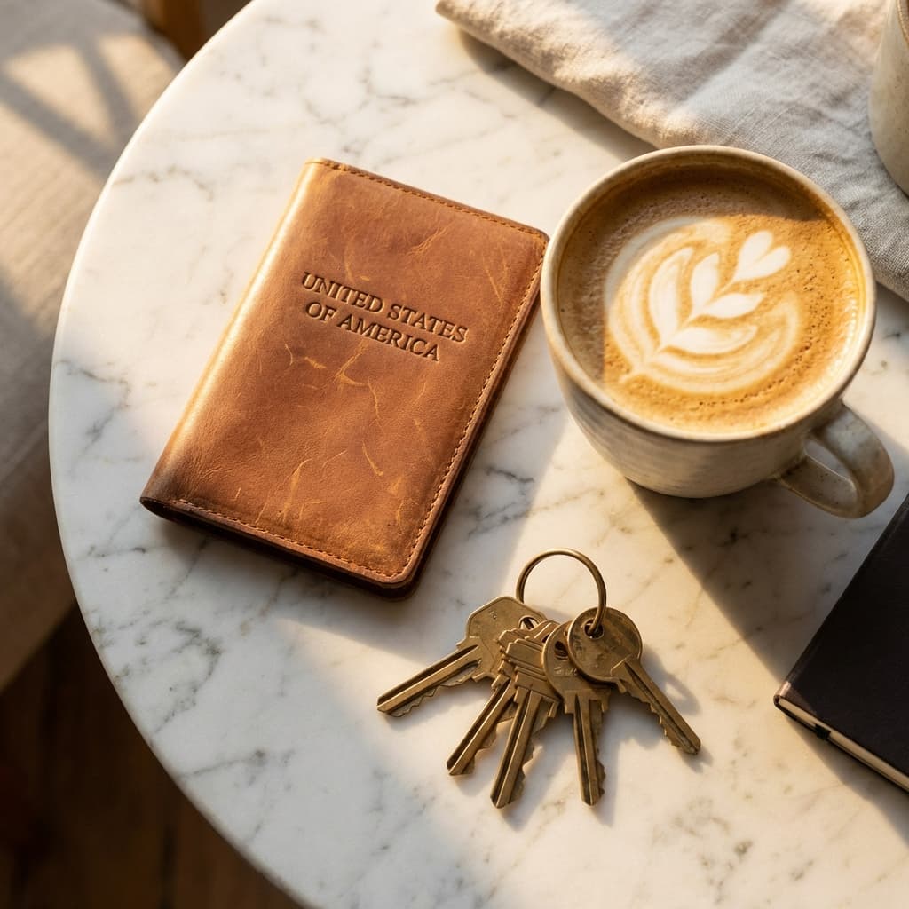 Passport and keys on marble table