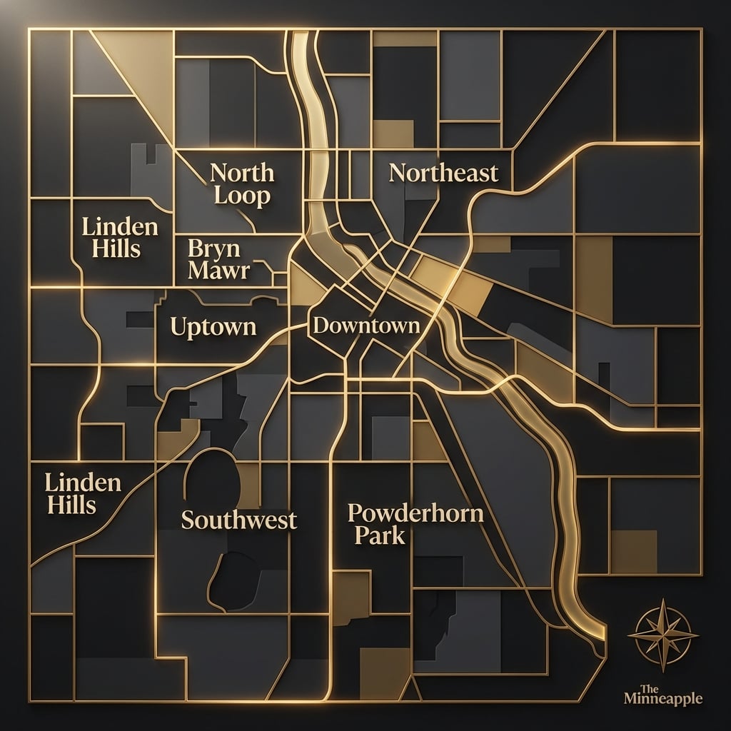 Artistic Minneapolis Neighborhood Map in Gold and Charcoal