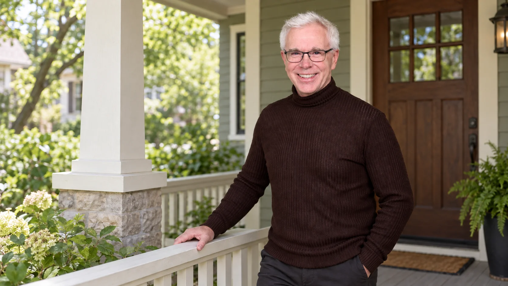 Chris Deutsch standing on a front porch with one hand resting on the railing.