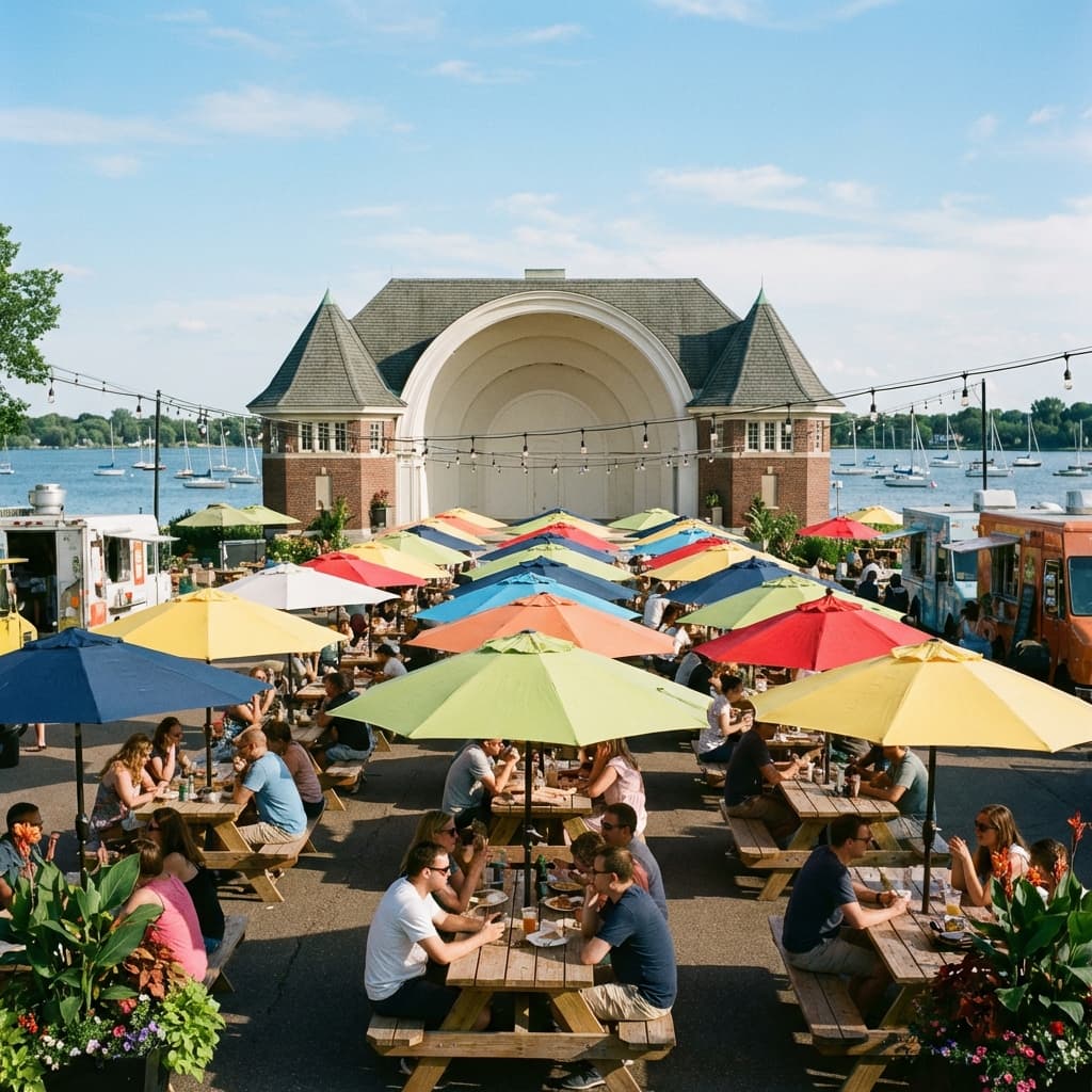 Outdoor lakeside dining pavilion at the Lake Harriet Bandshell, with people enjoying food under umbrellas with the lake and sailboats in the background.